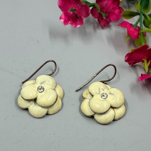 Cream Enamel Floral Drop Earrings in Cream - Designer Style with Crystal Accents - Picture 3 of 5